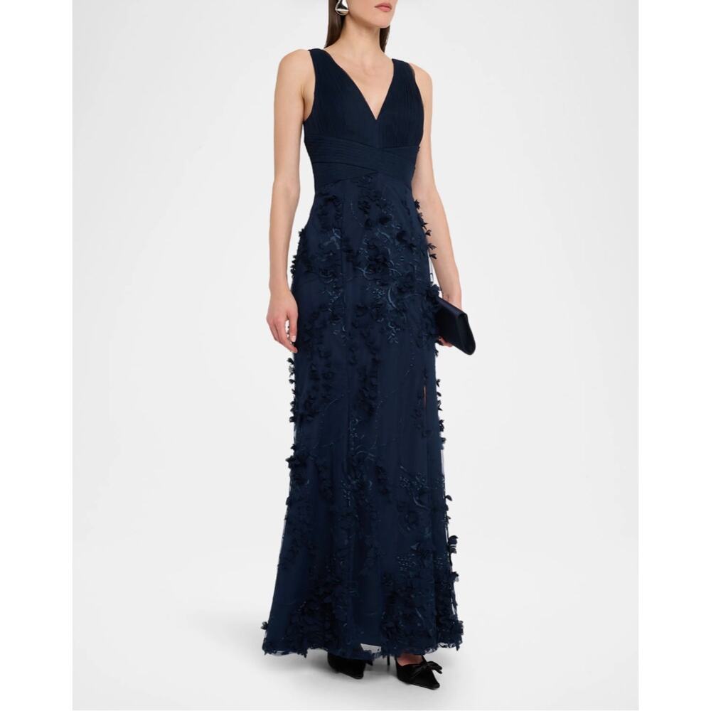 NWOT Aidan Mattox Navy Floral Appliqué V-neck Sleeveless Mermaid Gown Size 14